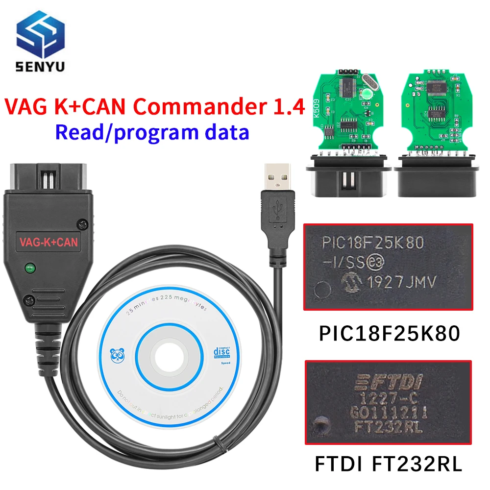 Автомобильный диагностический сканер VAG K + CAN Commander 1,4 PIC18F25K80 FTDI FT232RL OBD 2, кабель, инструменты для AUDI/VW интерфейс COM K-line