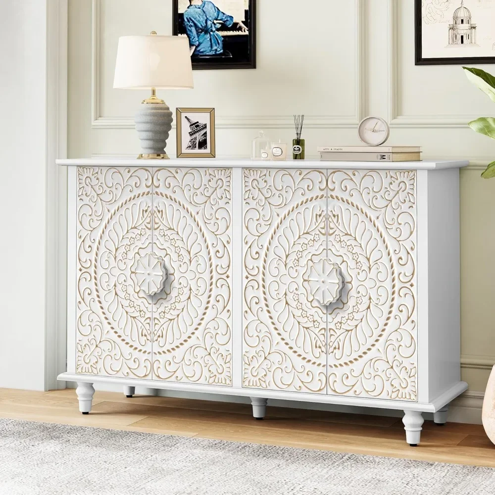 Decorative Sideboard Buffet Cabinet With 4 Doors, White Accent Storage Cabinet With Carved Flower Pattern, Wood Credenza Cabinet