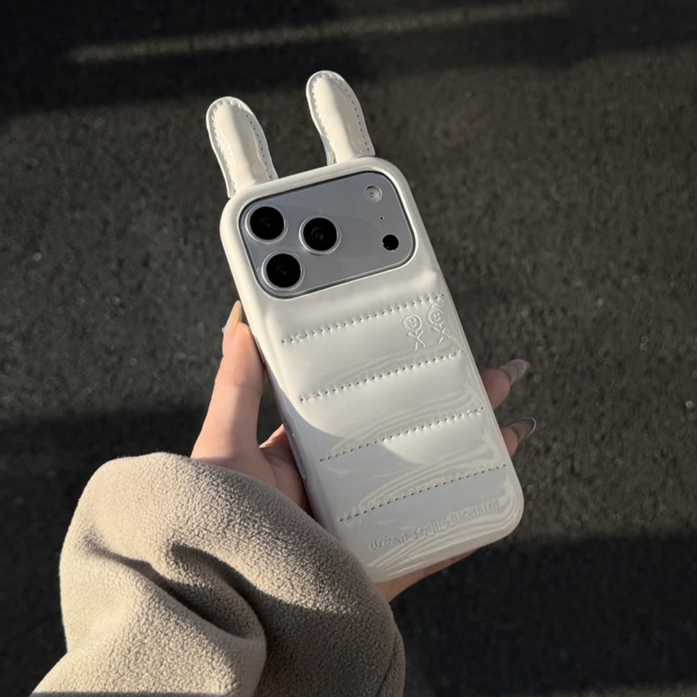 

Rabbit Ear PU Leather Urban Sophistication Phone Case For iPhone 17 16 15 14 Pro Max 13 Shockproof Hard Protective Back Cover
