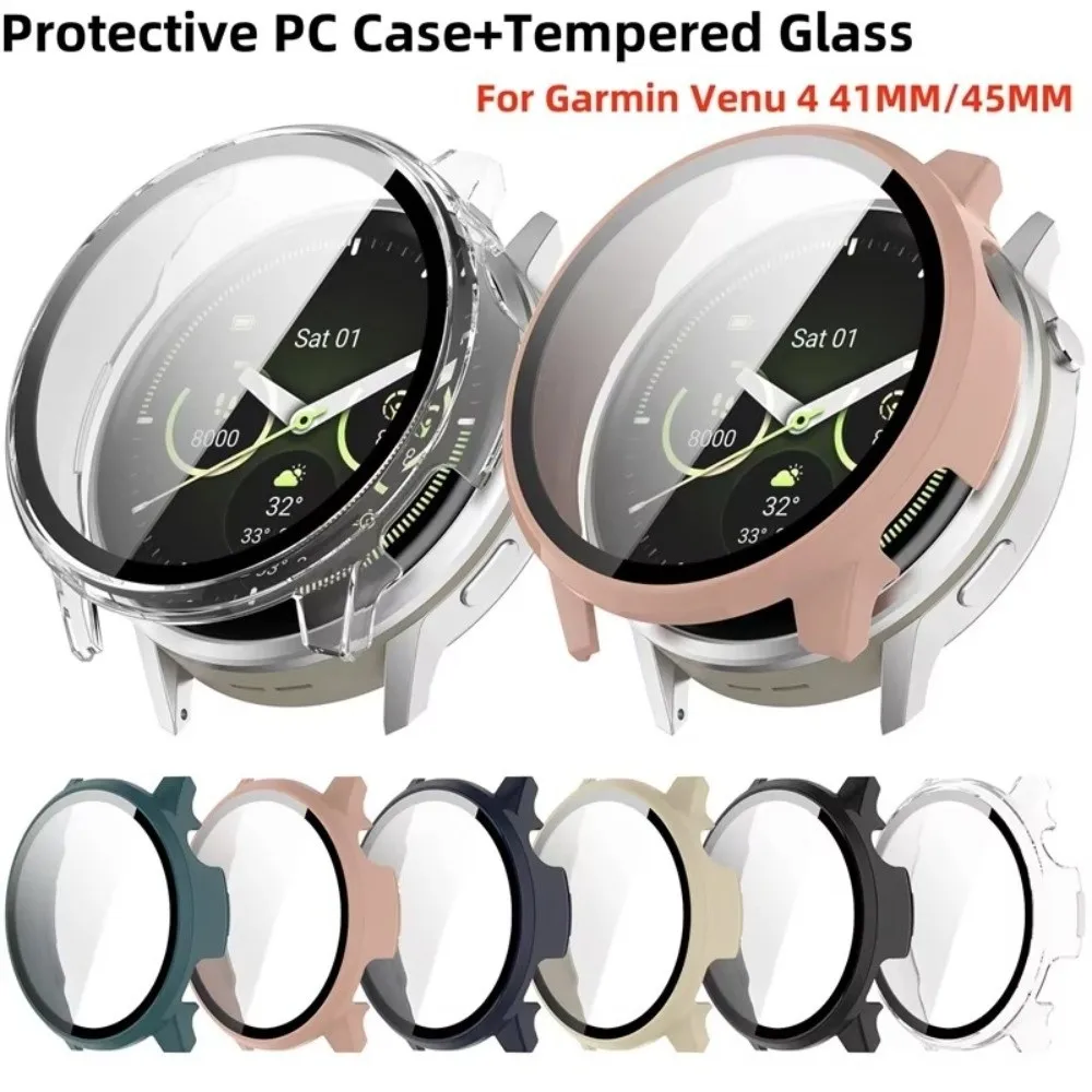 PC+Tempered Glass Protective Case Anti-scratch Bumper Screen Protector Full Coverage 41/45mm Cover Shell for Garmin Venu 4