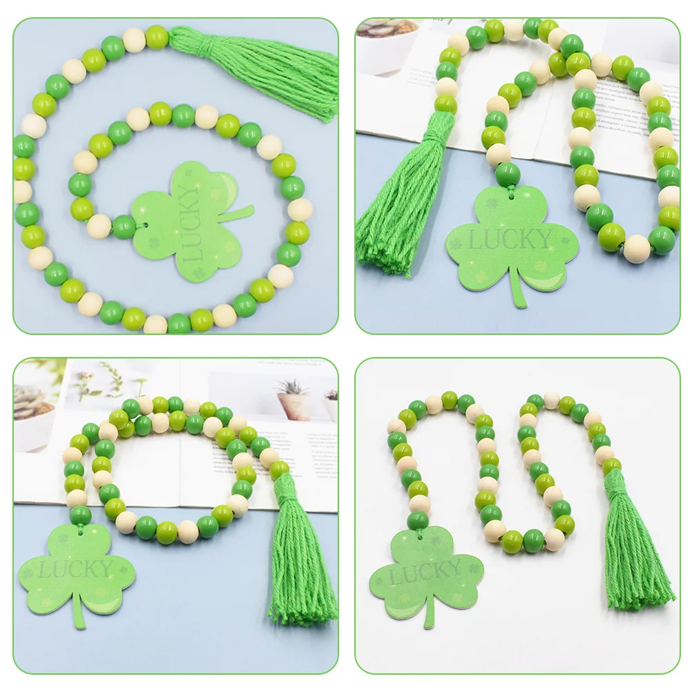 

2Pcs St Patrick's Day Wood Bead Garland Shamrock Tassel Farmhouse Decor Hanging Beaded String Festive Home Decoration