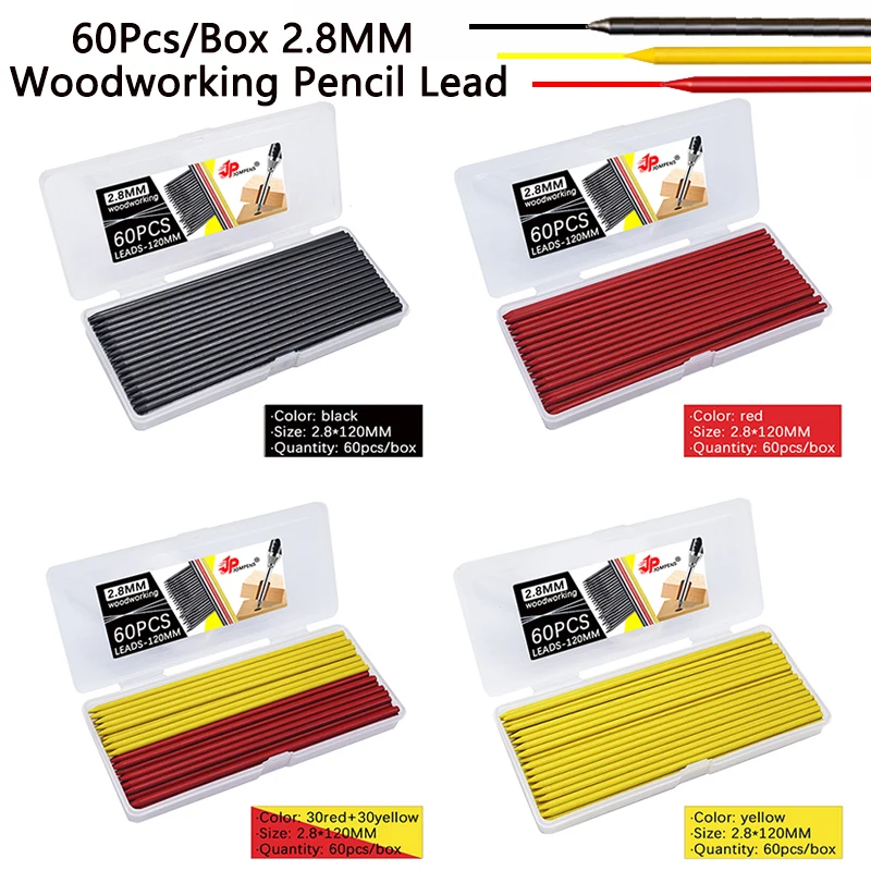

Long 12cm Black/Red/Yellow Woodworking Pencil Lead, 60pcs 2.8mm 2B Deep Hole Carpenter Mechanical Pencil Leads Marking Accessory