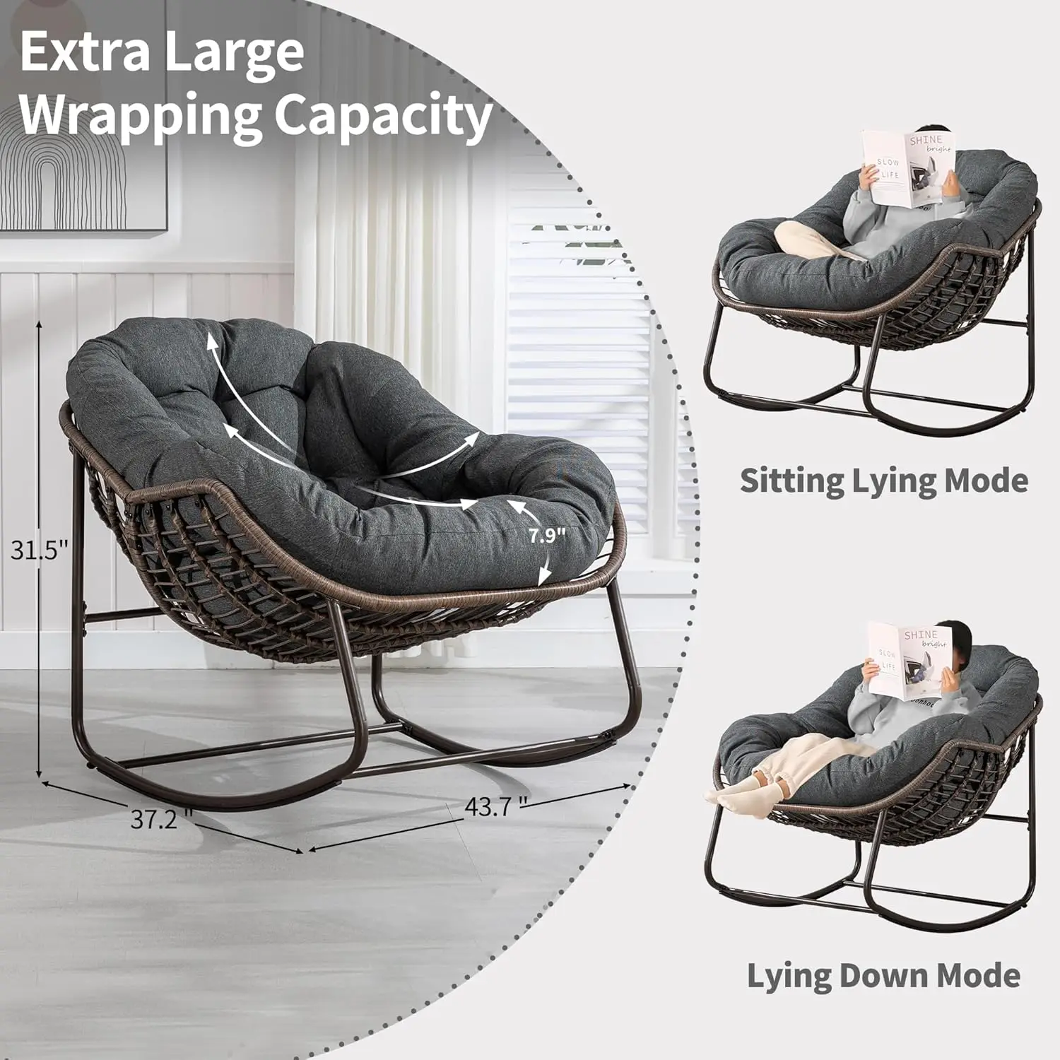 Outdoor Papasan Rocking Chair - Oversized Comfy Patio Chair Set of 2 Indoor Egg Royal Double Rattan Rocking Chair with Cushion f