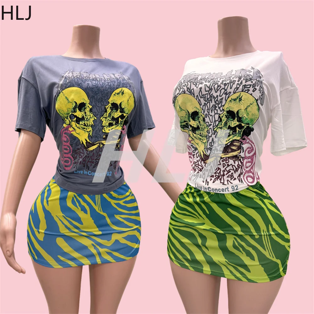 HLJ Pattern Printing Y2K Mini Skirts Two Piece Sets Women Round Neck Short Sleeve Top And Skirts Outfit Fashion Trend Streetwear