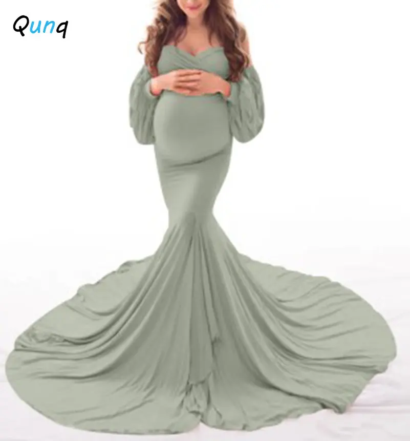 

Qunq Summer New Pregnant Woman Clothes Solid Shoulderless V Neck Long Sleeve Floor-Length Dress Elegant Causal Maternity Dresses