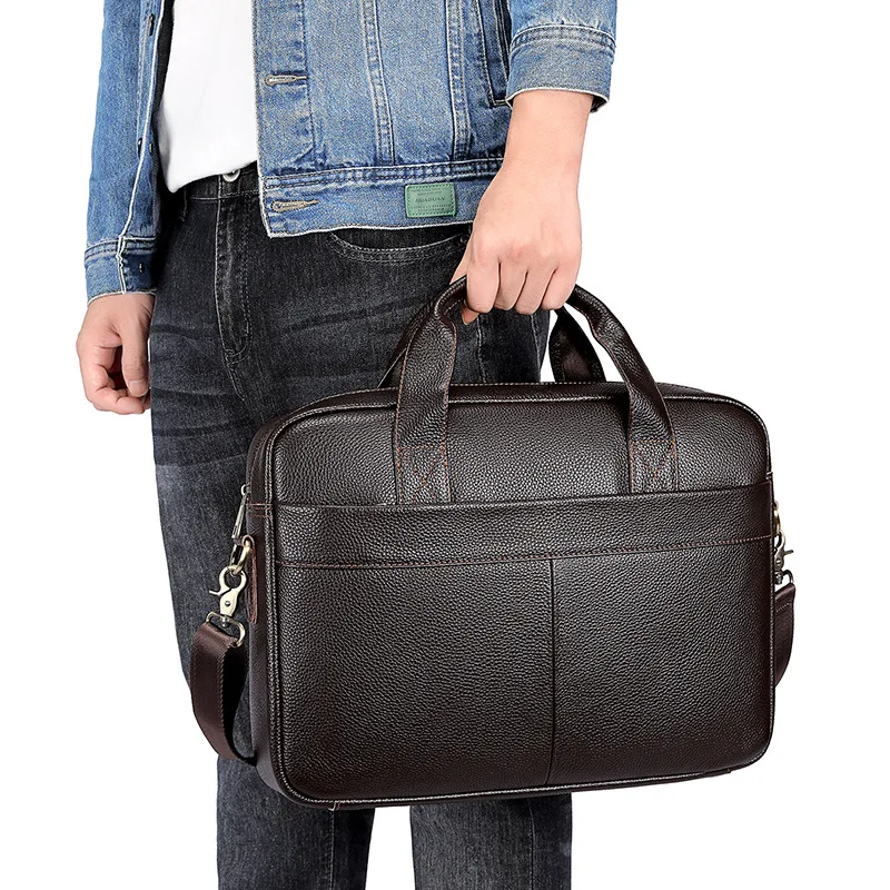 Tas Laptop Kulit Asli Bisnis untuk Pria Tas Kerja Portabel Kulit Sapi Besar Tas Bahu atau Selempang Eksekutif Klasik