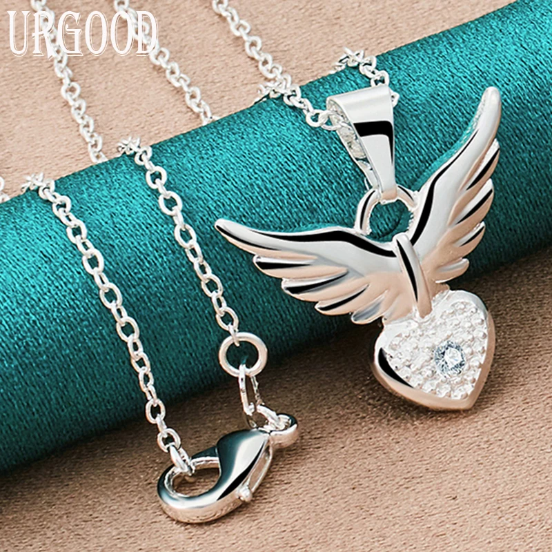 

925 Sterling Silver AAA Zircon Heart Wings Pendant Necklace 16-30 Inch Chain For Women Party Engagement Wedding Fashion Jewelry