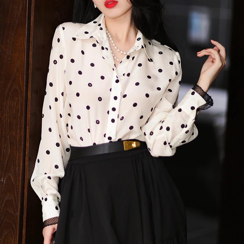 

Silk Long Sve irt Spring 2024 New Sle Polka Dot Lace Collar Bow Tie Lotus Pin Commute Sle Single Button Multiple
