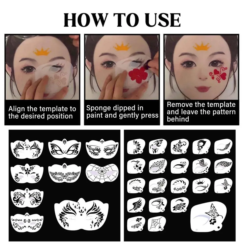 재사용 가능한 페이스 페인트 템플릿, 여러 패턴 핸드 페인팅, 바디 아트 페인트 스텐실 장식, 쉬운 사용, DIY 메이크업 도구, 성인