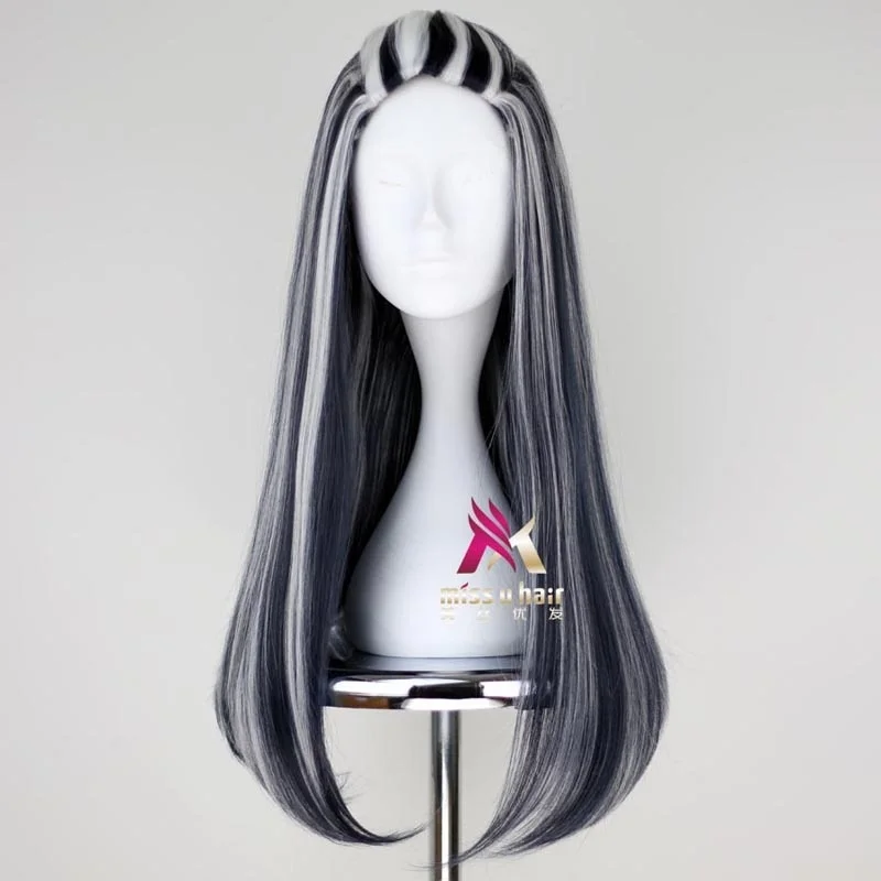 New wig frankie Monster High Frankie Cosplay Wigs 65cm Black Mix White Halloween Party Synthetic Cosplay Wig +wig cap