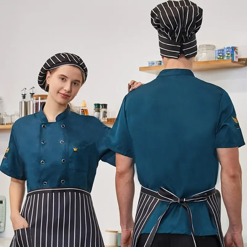 Uniforme de panadería para restaurante de comida, chaqueta de servicio de Chef, manga de cocinero, abrigo de Hotel Unisex, camisas cortas de camarero, camisas bordadas para hombres y mujeres