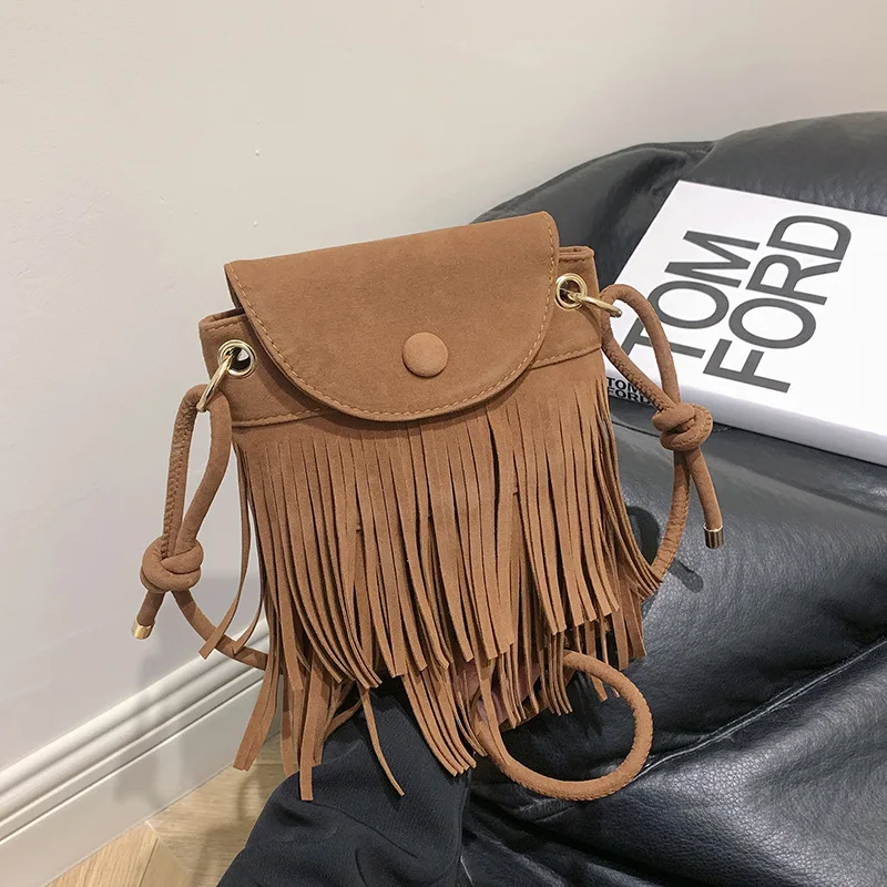 Trendige Leder-Umhängetasche mit Quaste, einfarbig, für Damen, Messenger-Tasche mit Fransen-Design und verstellbarem Riemen, Alltags-Umhängetasche – Detail 19