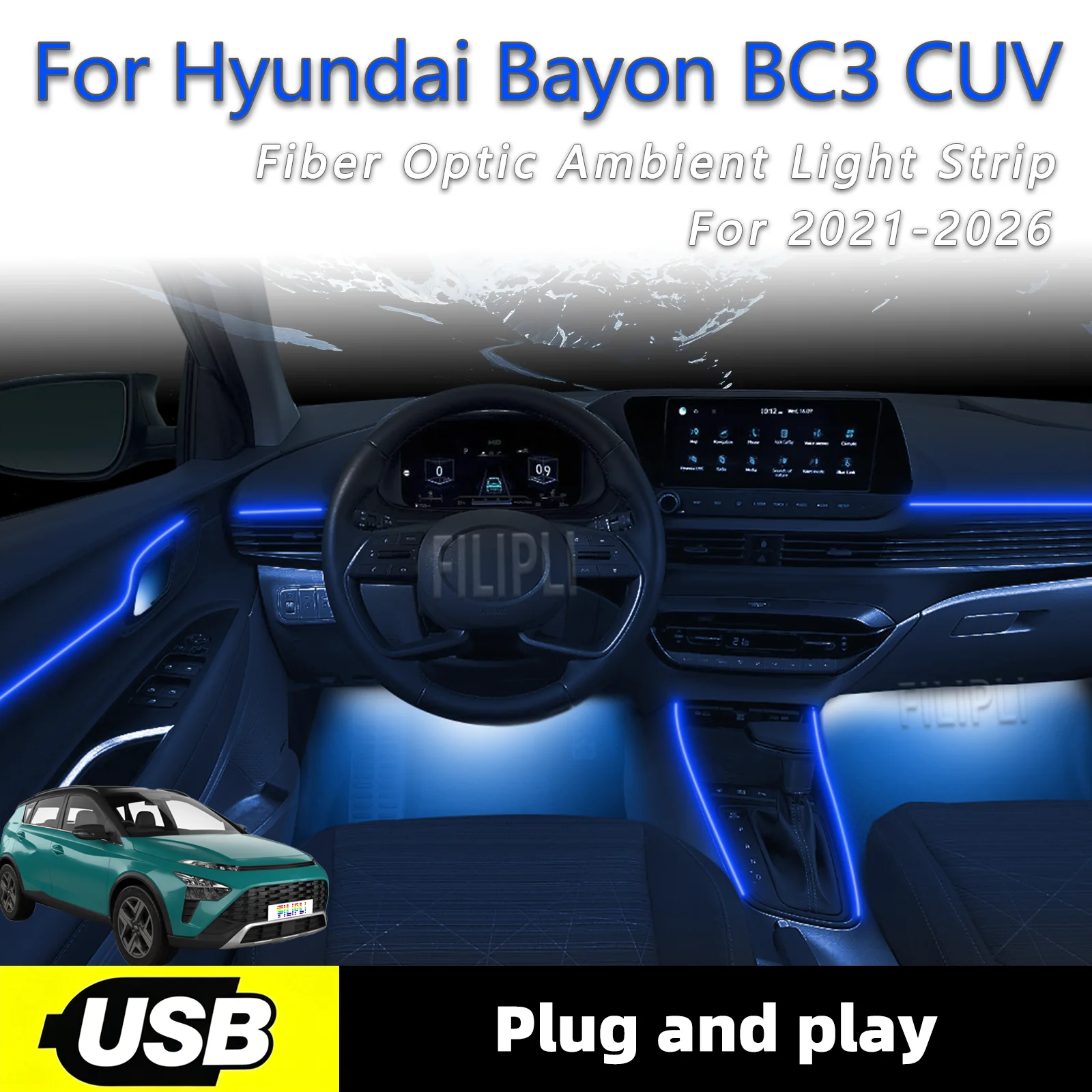 

Светодиодная лента для внутренней подсветки Hyundai Bayon BC3 CUV, 6 в 1, с USB-интерфейсом и оптоволоконной подсветкой