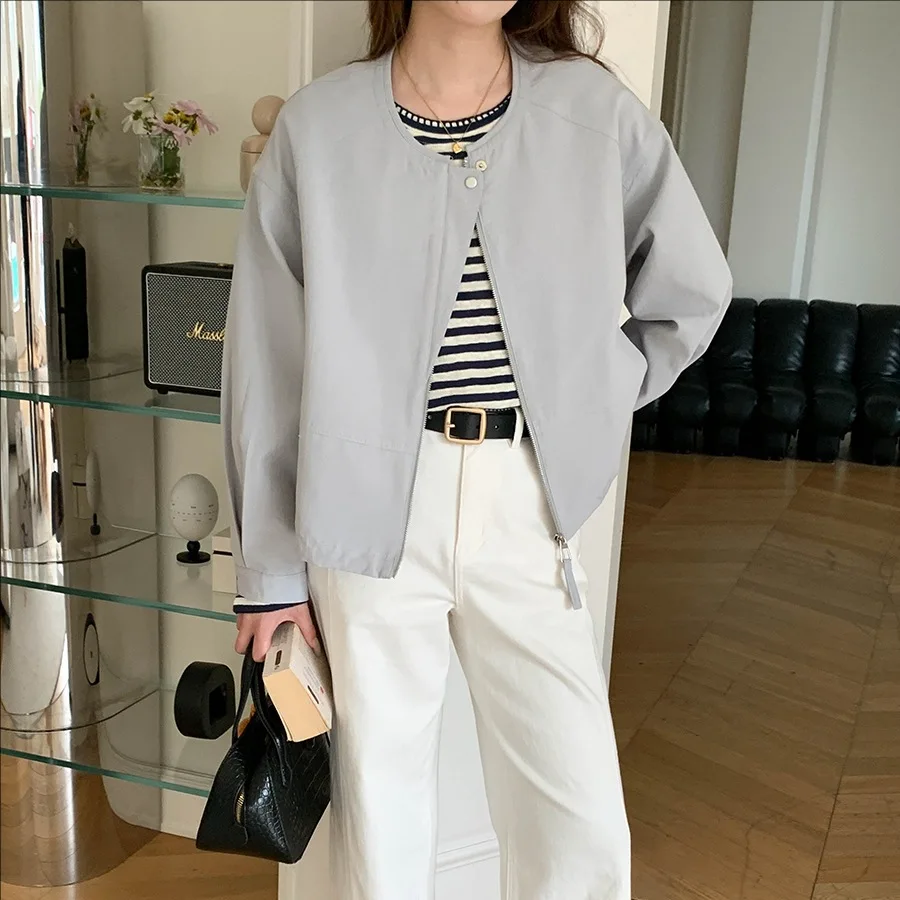 

Женская весенняя повседневная куртка в рабочем стиле с круглым вырезом и длинными рукавами — Новинка