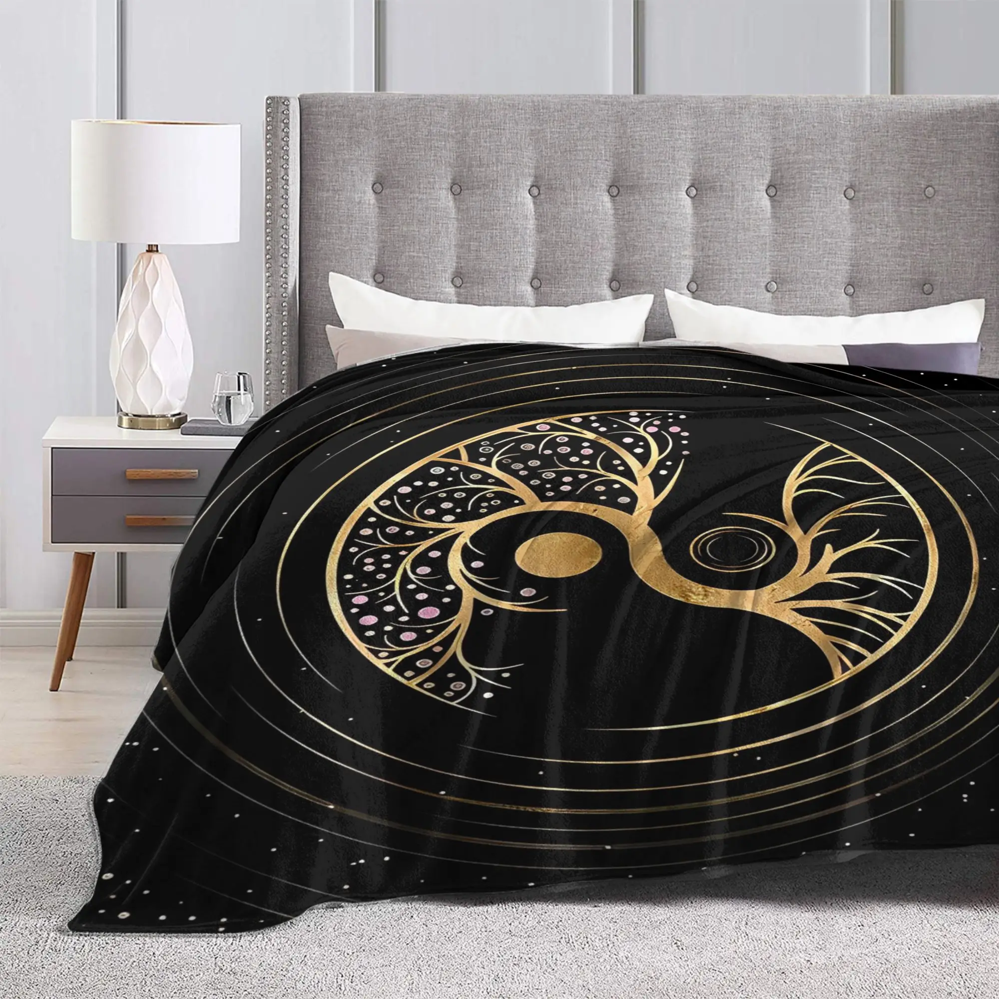 Yin Yang Tree Of Life Fluorite And Gold Blanket  Flannel Throw Blanket Summer Air Conditioning Printed Lightweight Bedspreads