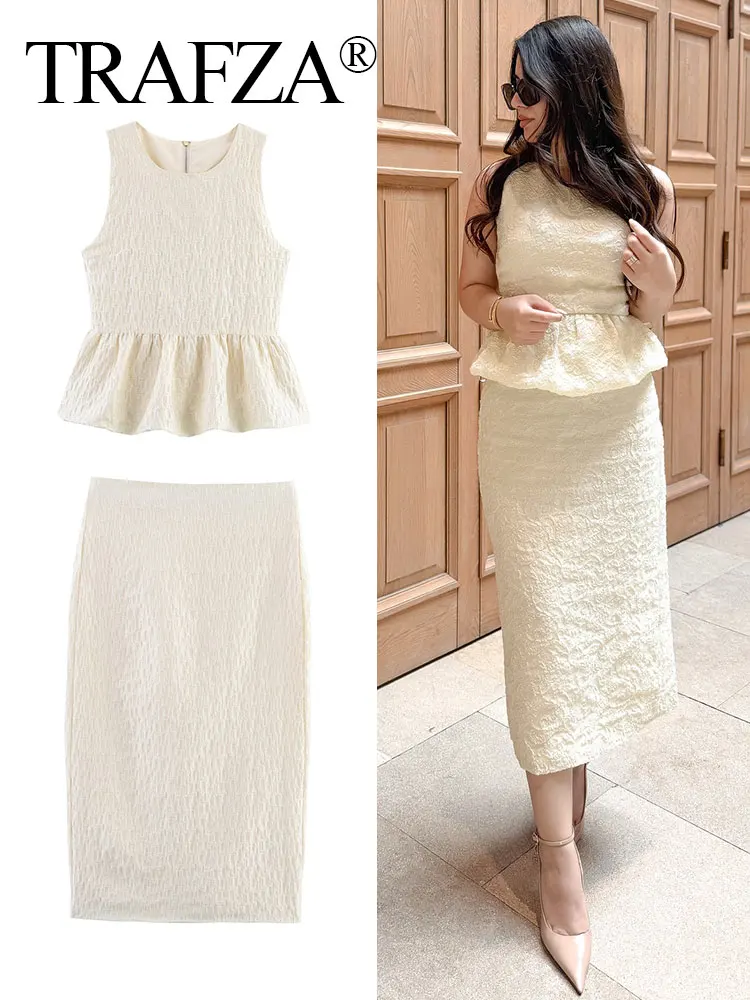 

TRAFZA Elegant Solid Set For Women Summer Sleeveless O-Neck Pleated Tops+Split Hem High Waist Midi Skirt Office Lady Chic Suit