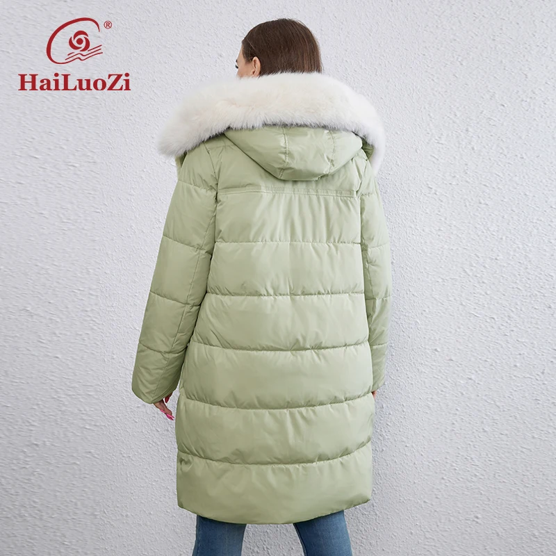 Hailuozi 2023 Nieuwe Plus Size Winter Donsjack Voor Dames Lang Katoen Met Bontriem Revers Jas Elegant Rits Dames Bovenkleding 1171