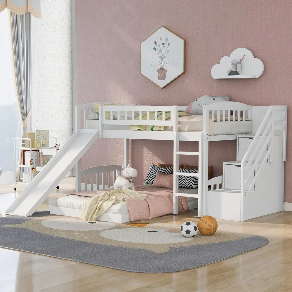 

Twin Over Twin Bunk Bed with Slide,Solid Wood Low Bunk Bed for Kids, Stairway with Storage Shelves/Handrail, Sturdy Slat Support