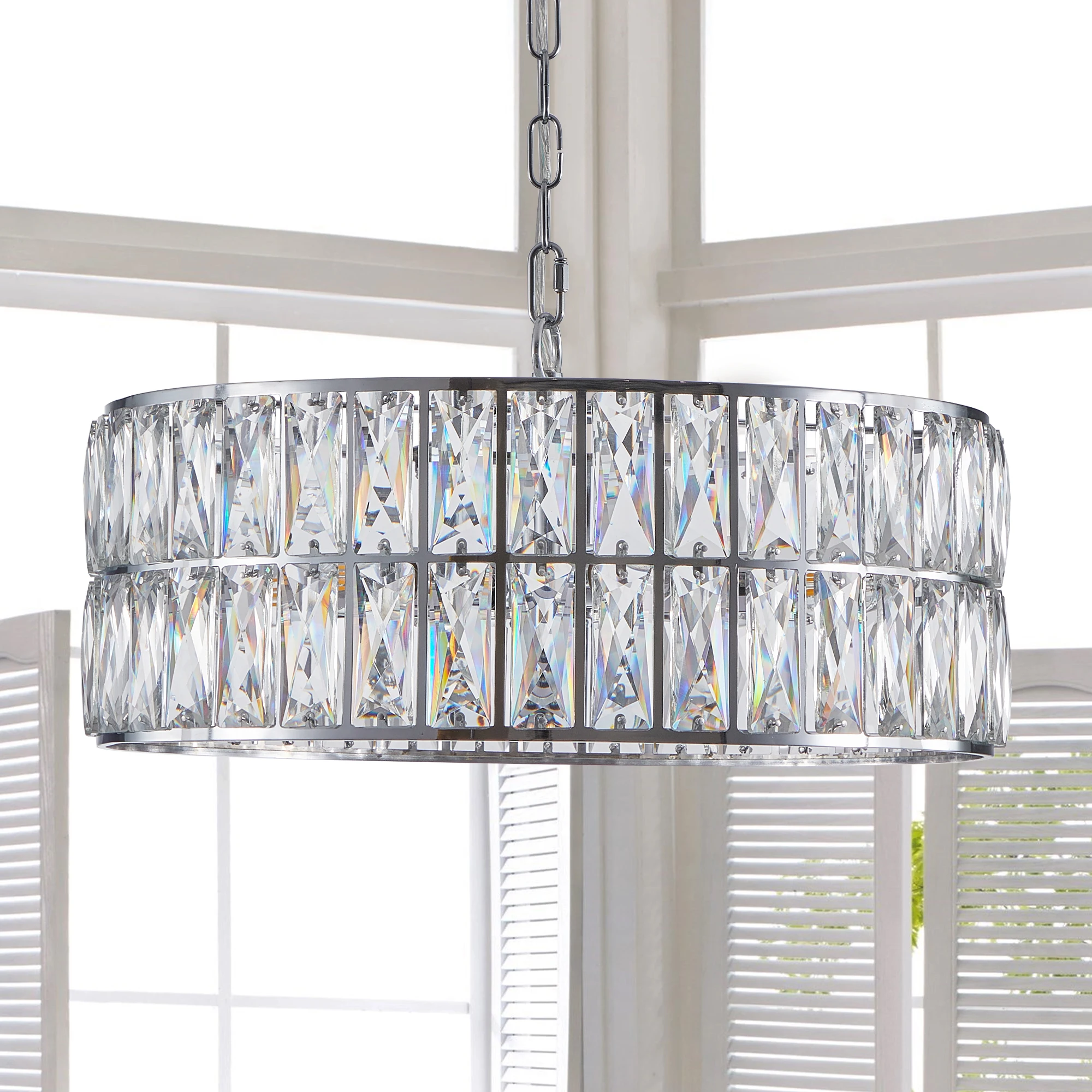 Modern Crystal Drum Chandelier, 6-Light Pendant Lighting Fixture with Silver Metal Frame (Bulbs Not Included)