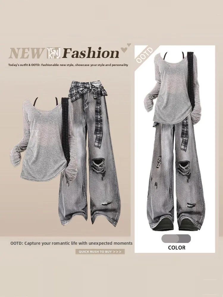 Korean Style Gentle Grey Oversized T-Shirt Women's Fashion Spring Summer Hanging Neck Denim Jeans Hole Three-piece Set