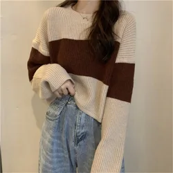 Short Striped Sweater Women's Korean Version Loose Long-sleeved Knitted Sweater Top