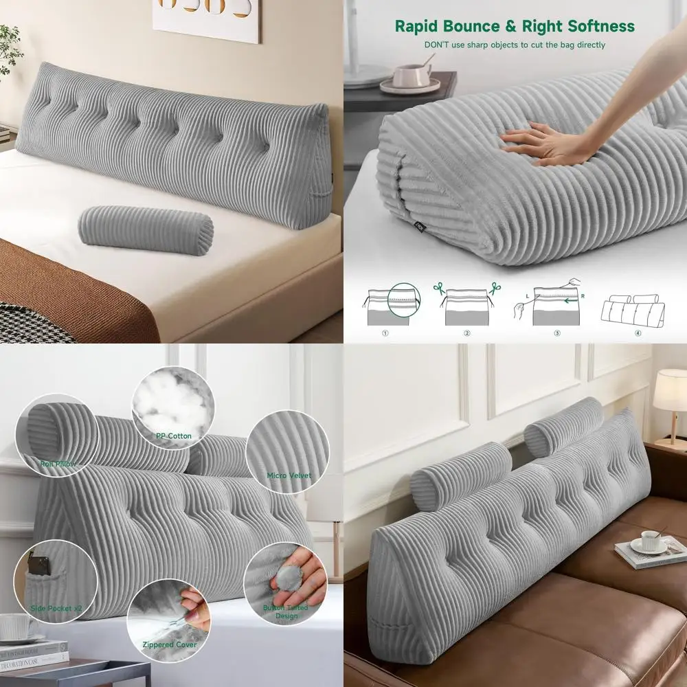 

King-Sized Triangular Pillow Headboard for Reading and Sleeping, Light Gray