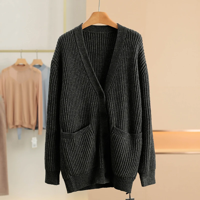 

Pure Color V-neck Single Button Loose Open Cardigan Wool Blend Winter Outerwear Women's Fashion New Style 799 Hanging Tag