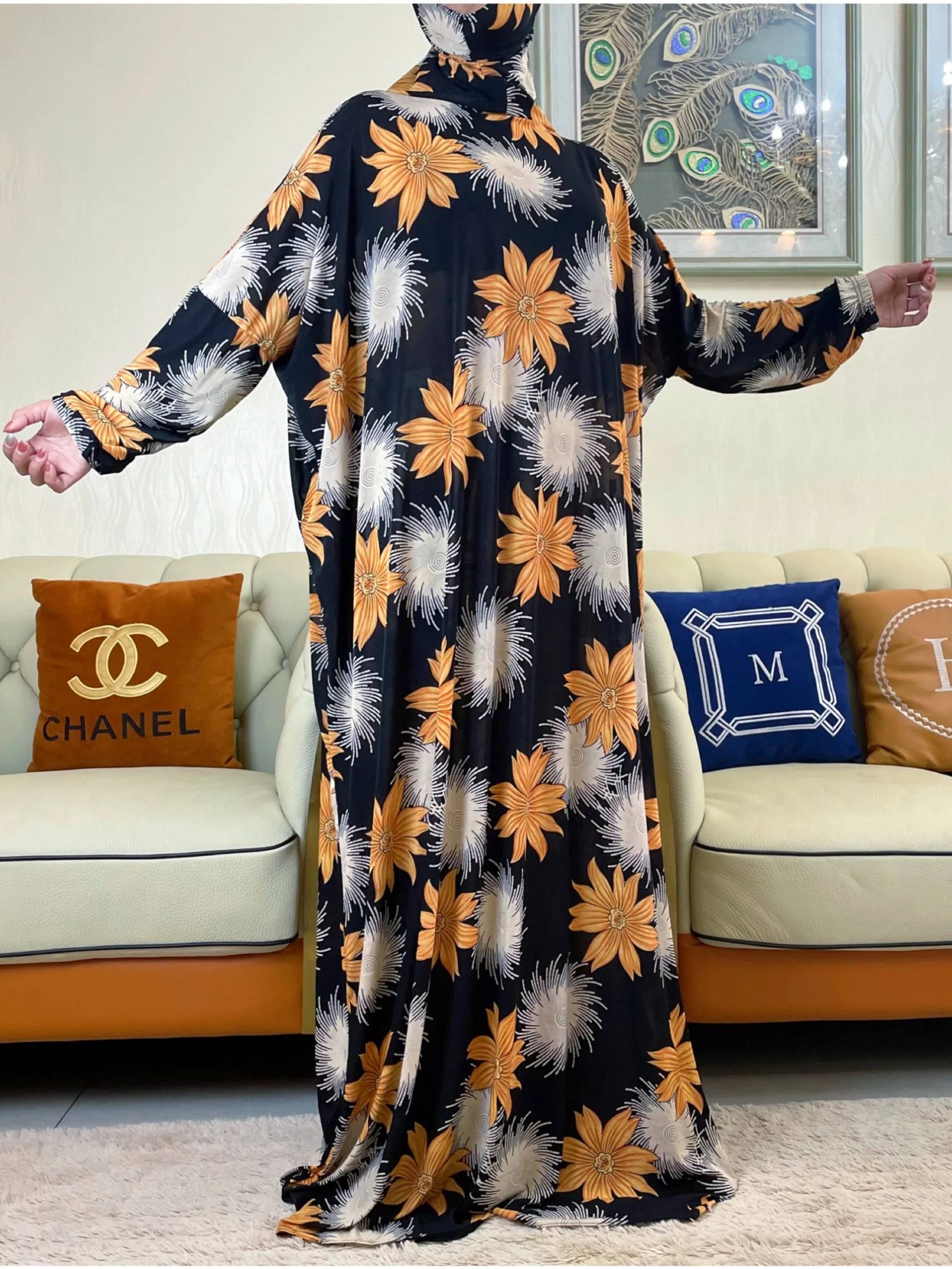 2023Women\'s Prayer Garment Ramadan Muslim Hooded  Abaya Kaftan Abayat Islam Modest Prints Dress Robe Islamic Arab African Clothe