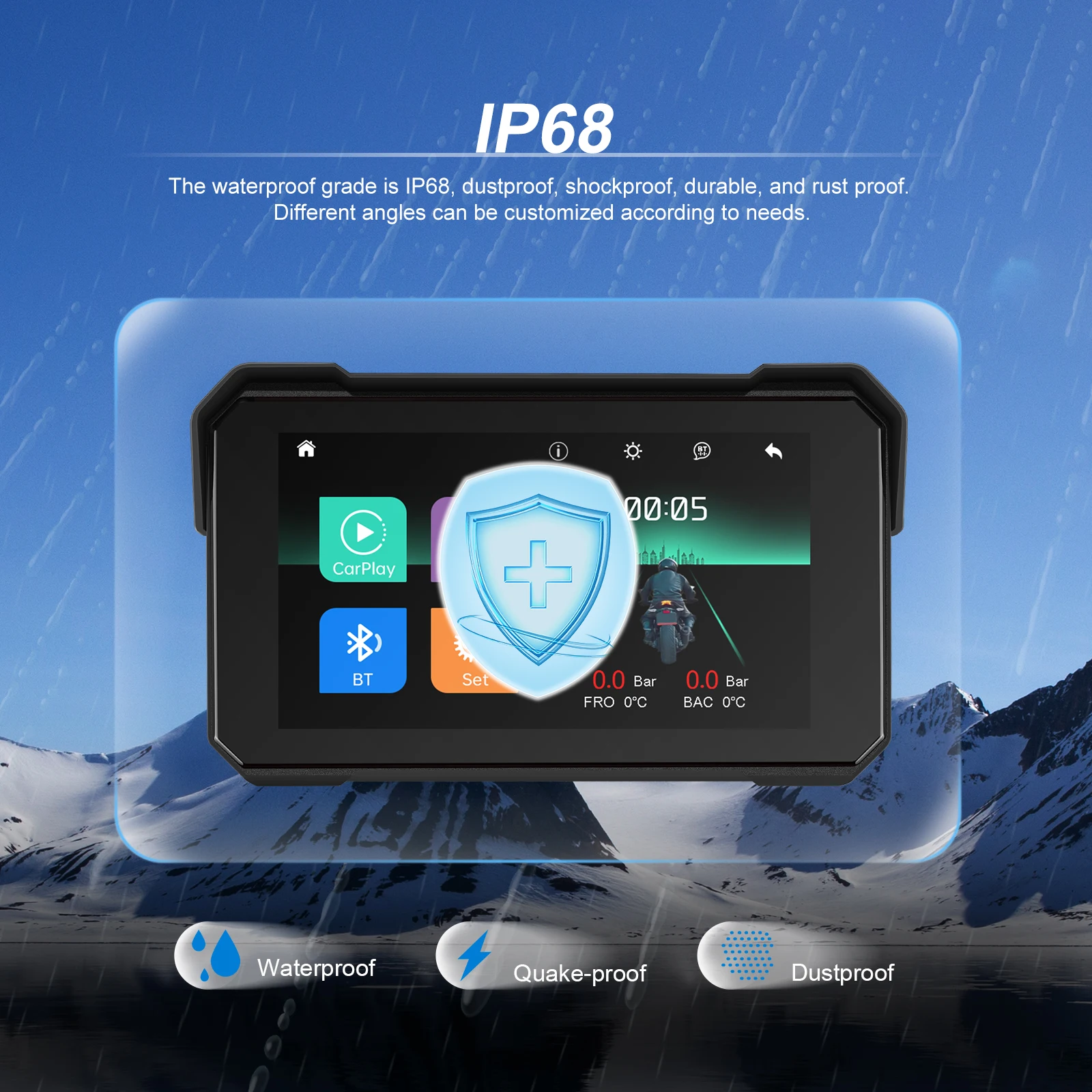 Podofo 5'' IPS-Bildschirm, kabelloser Carplay-Motorradmonitor, GPS-Navigation, Android Auto, tragbarer Smart-Player, IP68 wasserdicht, tragbarer On-Board-Bildschirm für den Fahrgebrauch – Detail 6