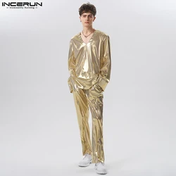 INCERUN 2023 Men Sets Shiny Streetwear Party V Neck Long Sleeve T Shirt & Pants Two Pieces Sets Loose Fashion Men's Suits S-5XL