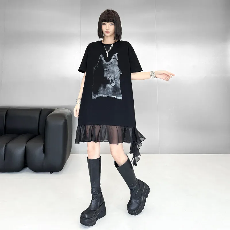 

Retro Hong Kong Style Mesh Dress Women's Loose Casual Short T-Shirt Skirt Spring Summer New Design Splicing Net Gown