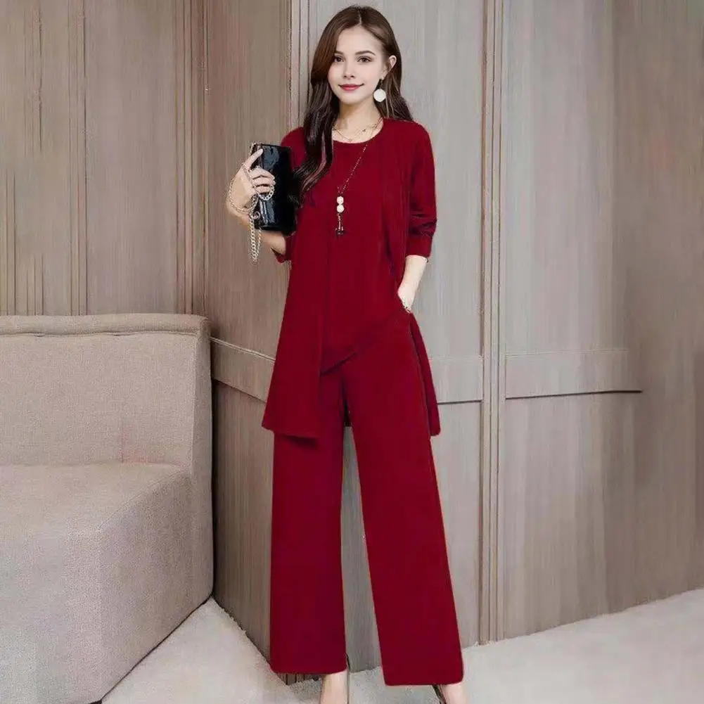 Women Fall Suit Elegant Women\'s Spring Fall Outfit Set with Sleeveless Vest Long Sleeves Coat Wide Leg Pants for Office Daily