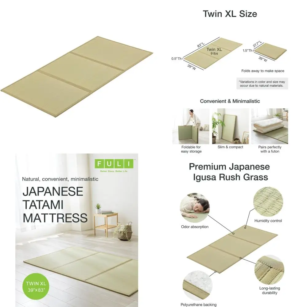 

Japanese Tatami Mattress and Rug Set, Igusa Mat, Foldable in Three, Handcrafted in Japan, Natural Twin XL Size