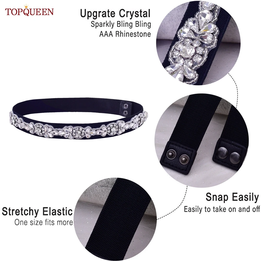 TOPQUEEN เข็มขัดยืดสีดํายืดหยุ่นสูงแฟชั่นผู้หญิงชุดตกแต่งด้วยRhinestone Elegant Unique Sparklyปุ่มDecora