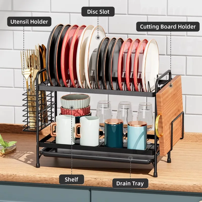 2-Tier Dish Organizer with Drain Tray Space-Saving Kitchen Storage Rack for Plates Utensils and Cups