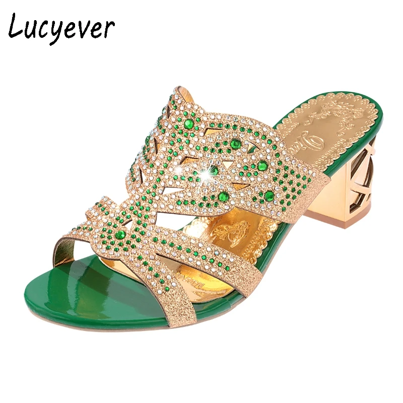 Lucyever 2022 Summer Women's Rhinestones Slippers Slides Fashion Thick High Heels Gladiator Sandals Beach Flip Flops Shoes Woman