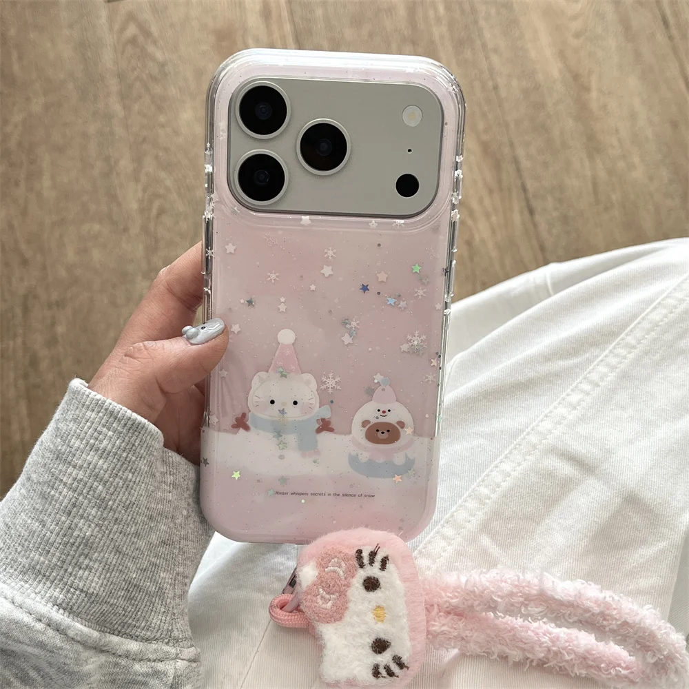 

Korean INS Glitter Snowman KT Cat Phone Case for iPhone 17 13 14 15 Pro Max 16 Pro Cover Cute Plush Hellokitty Protective Cover