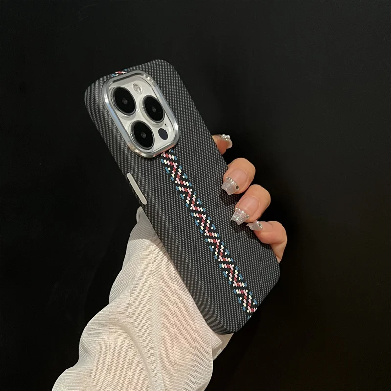 Abstract Carbon Color Relief Case for iPhone 16 Pro Max 15 14 Cover MagSafe Charge Alloy Lens Camera Bumper Hard Armor PC Shell