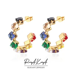PAXA Luxury Exquisite Multicolored Cubic Zirconia Stainless Steel Hoop Earrings Geometric Waterproof Charm Fashion Women Jewelry