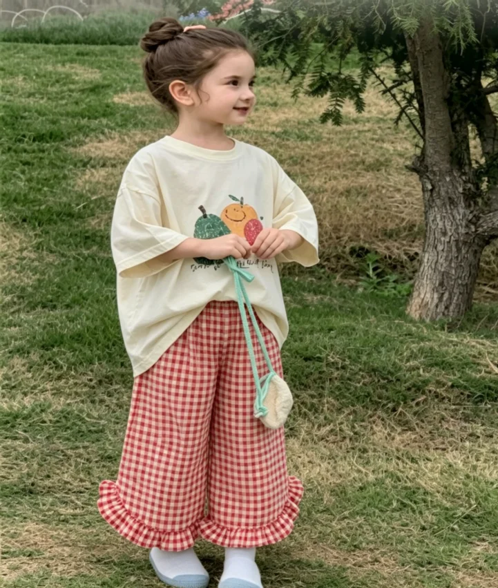 Girls Summer Pants 2026 New Fashion Plaid Lace Pants Lightweight and Comfortable Outerwear Casual Pants