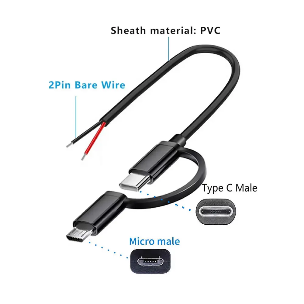 2 in 1 USB-C to 2 Pin Bare Wire Open End Power Cord, Micro USB/Type C Male Plug 2 Pin Pigtail Cable, for 5V USB Type C DIY Cable