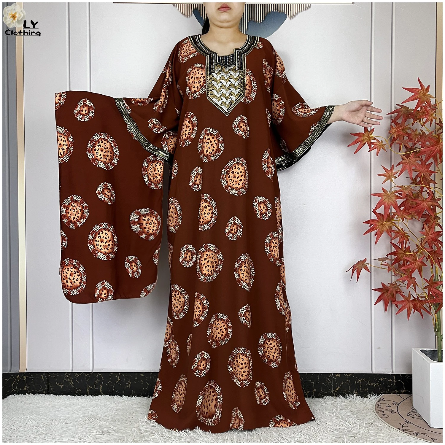 

Новое летнее праздничное платье в Дубае с рукавами «летучая мышь» из чистого хлопка с цветочным принтом, исламский кафтан, свободная женская одежда Дашики в африканском стиле, Абая