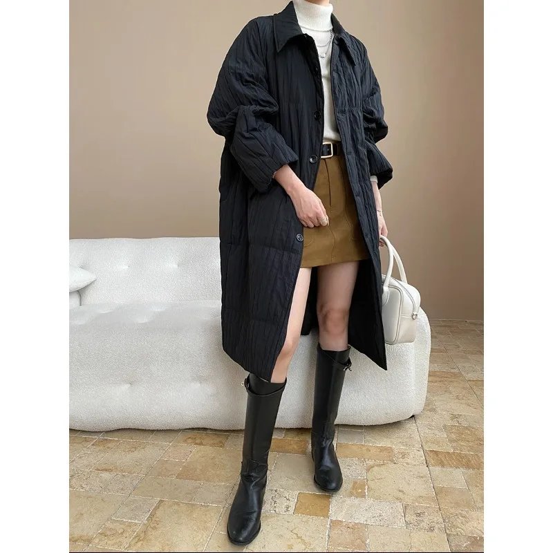 Nuevo Abrigo Largo de Algodón para Mujer 2026, Cuello Vuelto, Estilo Holgado, Color Negro, para Invierno - Casaco Feminino