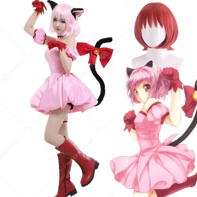 Anime Tokyo Mew Mew Momomiya Ichigo Cosplay Strawberry Female Cosplay Costumes Pink Dress Gloves Tail Bowknot Wig Cute Uniform