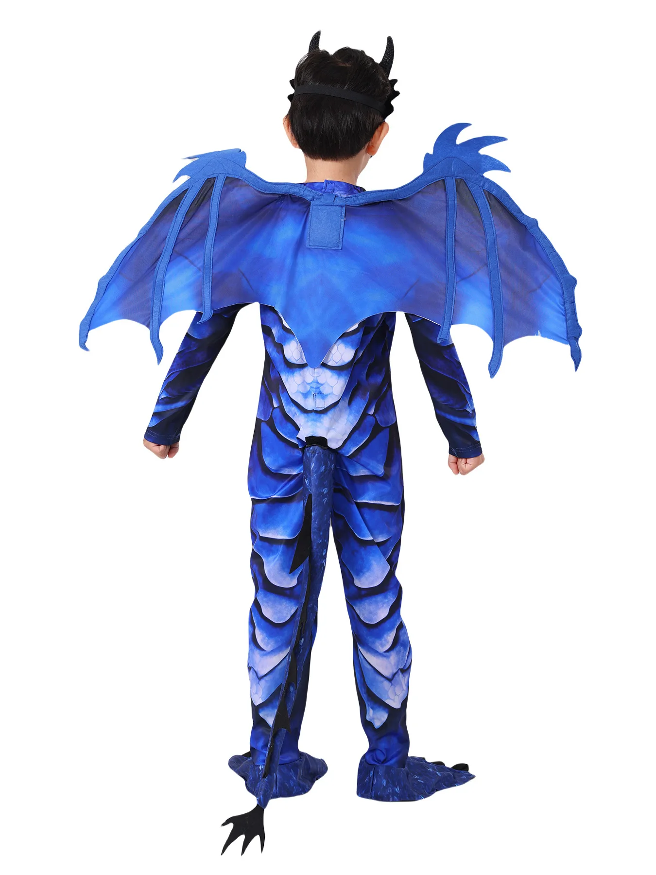 Boys Cool Dinosaur Cosplay Costumes Sets Long Sleeve Blue Jumpsuit with Wings and Mask Halloween Party Cosplay Suit for Kids