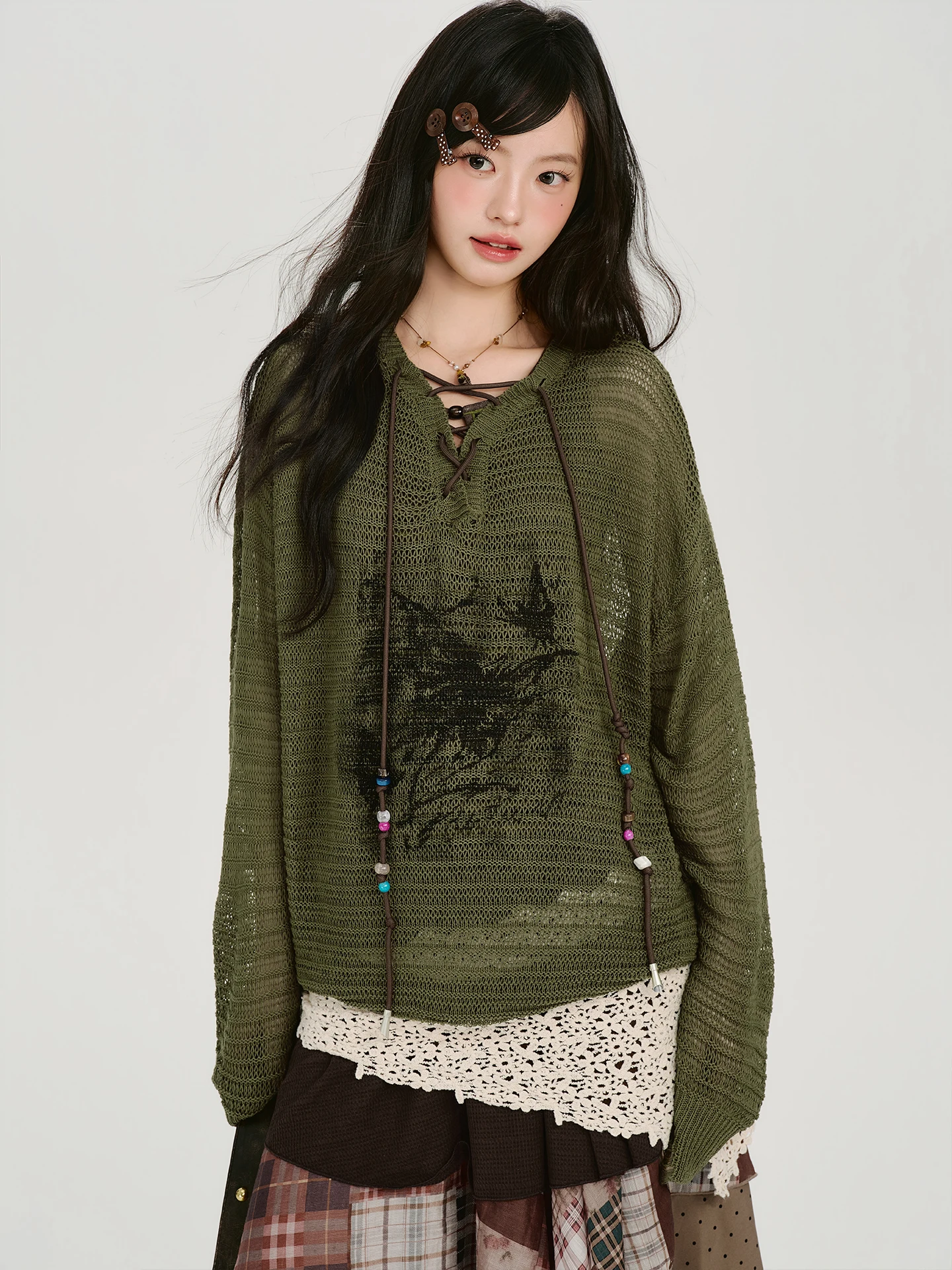 

Girlyhalo American Retro Print Knitted Long Sleeve Cover up Women Summer New Belt Design Loose Top Casual Style Loose Fit