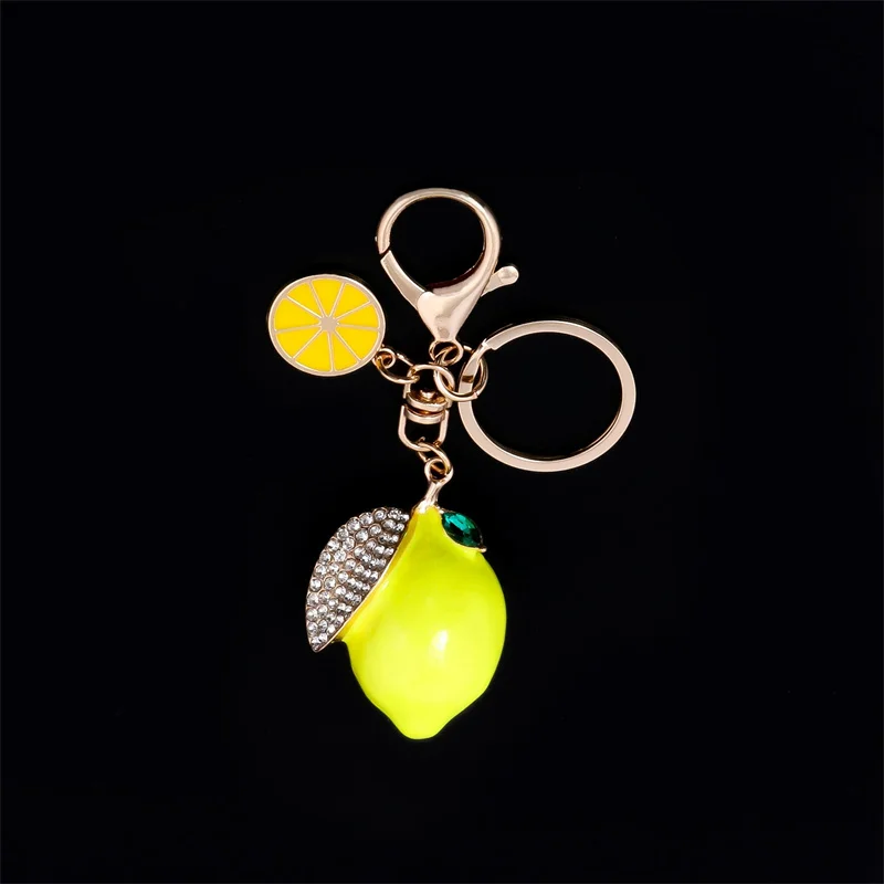 Trendy Design Creative Artificial Fruit Cute Rhinestone Little Lemon Car Keychain Women's Bag Pendant Keychain Ring Cartoon Gift