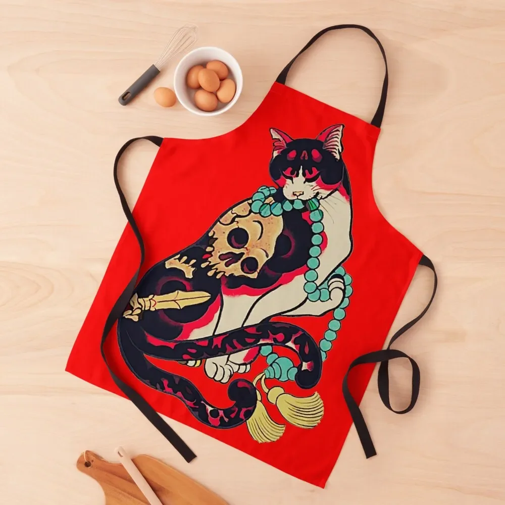 

Antique Japanese Woodblock Print Cat with Flower Tattoos Apron Cooking Clothes professional kitchen Apron