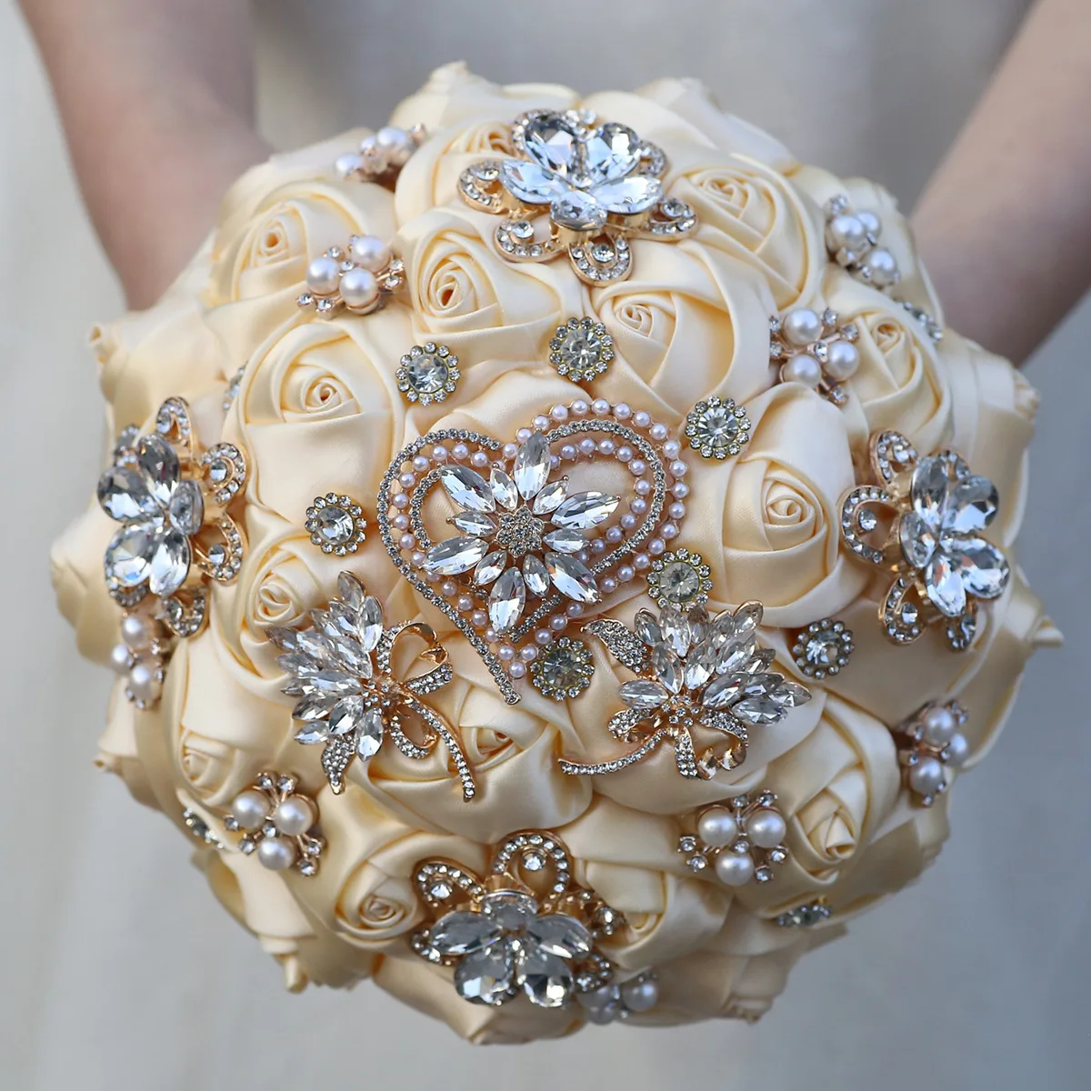 

Cream Wedding Bouquets with Sliver Crystal Jewelry