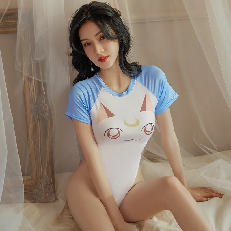 Sexy Lingerie Women High Cut Tight Open Crotch Bodysuits Teddy COS Anime Kitten Erotic One-piece Swimsuit Hot Babydoll Sukumizu